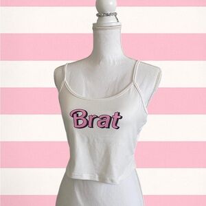 White Crop Top with Pink 'Brat' Print